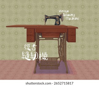 Ilustração de máquina de costura vintage. Tradução: (Título) Máquina de costura vintage