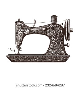 Vintage Sewing Machine Inky Illustration. Black ink old sewing machine vector illustration