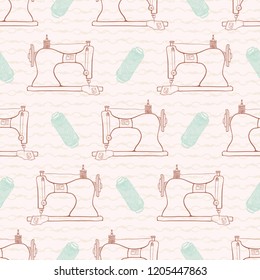 Vintage sewing machine seamless pattern. Hand drawn flat style stitching tool vector illustration. For handmade fabric print, trendy background textures, creative craft packaging or hobbies decor.