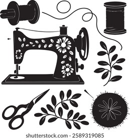 Vintage Sewing Machine Silhouette Vector. Thread, Needle, Scissors, and Sewing Tools Illustration 