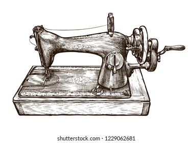 Vintage sewing machine, sketch. Tailor studio, sewing workshop, handicraft concept. Vector illustration