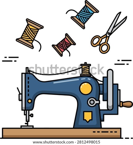 Vintage Sewing Machine with Spools and Scissors Vector Art