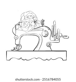 Máquina de coser Antiguas para sastrería. Diseño de ropa. Artesanía en estilo retro. Antiguas old-fashion, sastrería para el logotipo, postal, tela, impresión. Línea de Vector gráfico, dibujado a mano, silueta negra