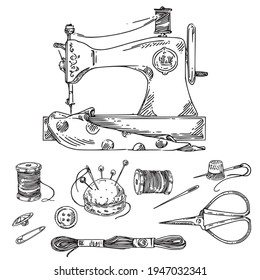 Vintage sewing machine with tools. Engraving stule. Vector illustration.