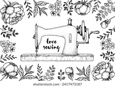 Vintage sewing machine, twigs and flowers. Hobby packaging design. Hand drawn vector illustration. 