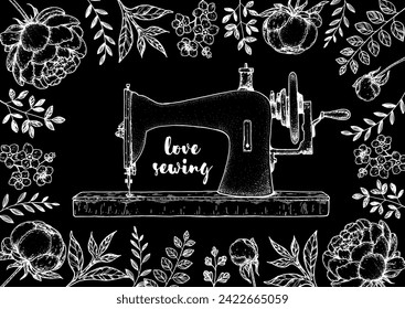 Vintage sewing machine, twigs and flowers. Hobby packaging design. Hand drawn vector illustration.