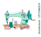 Vintage Sewing Machine vector illustration. Sewing threads silhouette ink pen. Hand drawn, buttons, tag, minimalism sketch style for logo, print, poster template, tailor shop