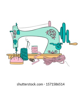 Vintage Sewing Machine vector illustration. Sewing threads silhouette ink pen. Hand drawn, buttons, tag, minimalism sketch style for logo, print, poster template, tailor shop