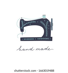 Vintage sewing machine vector illustration. Hand drawn tailor equipment on white background