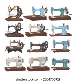Vintage sewing machines vector illustrations set. Collection of cartoon drawings or designs of retro equipment for needlework isolated on white background. Fashion, craft, textile concept