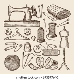 Vintage sewing symbols set. Vector pictures in hand drawn style. Vintage craft handmade, needle and pin illustration