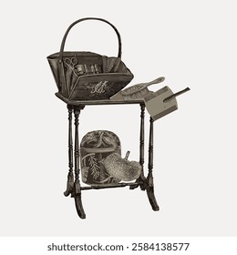 Vintage sewing table with tools, scissors, and threads. Antique sewing table design with classic tools. Sewing table illustration with vintage charm. Vintage art illustration, vector.