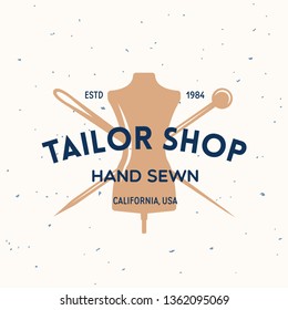 Vintage sewing and tailor label, badge, design elements and emblem. Tailor shop old-style logo. Isolated vintage illustration.