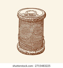 Vintage-Nähgarnspule im Stilstil illustriert, einzeln auf hellem Hintergrund, perfekt für Schneiderei, Textilgeschichte und klassische Handwerksdesign-Konzepte.