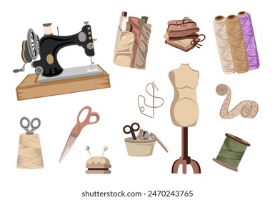 Vintage Sewing Tools and Accessories Collection Illustration