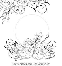 Antiguas herramientas de costura Circle frame, Plantilla - tijeras, Botones, pin con flores. Moda antigua retro, sastrería para postal, tela, impresión. Línea de Vector gráfico, dibujado a mano, silueta negra