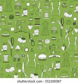 Vintage sewing tools. Scissors. needle bar, pins, spool, mannequin, knits. Seamless pattern with beautiful accessories . Tile background for your design, fabric textile, wallpaper or wrapping paper.
