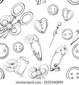 Vintage Sewing tools seamless background, pattern. Scissors, needles, buttons, pins, Spool of thread. Handcraft in retro style. Vintage romantic old fashion, tailoring for postcard, fabric, printing