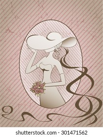 Vintage shabby card with the woman in a hat with a loop