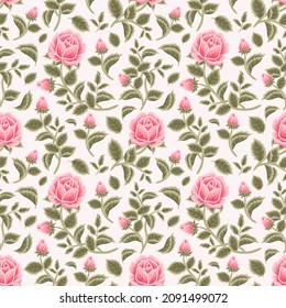 Vintage Shabby Chic Pink Rose Flower and Leaf Branch Seamless Pattern for autumn and spring textile, paper, prints, background, fabric, feminine beauty products, gift wrapping, and other purposes