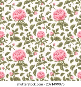 Vintage Shabby Chic Pink Rose Flower and Leaf Branch Seamless Pattern for autumn and spring textile, paper, prints, background, fabric, feminine beauty products, gift wrapping, and other purposes