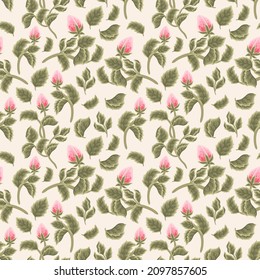 Vintage Shabby Chic Pink Rose Flower and Leaf Branch Seamless Pattern for autumn and spring textile, paper, prints, background, fabric, feminine beauty products, gift wrapping, and other purposes