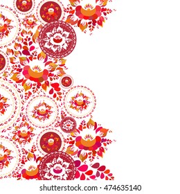 Vintage shabby Chic red orange flowers and leaves on white background. spring romantic decoration card design, banner template for your text. Vector