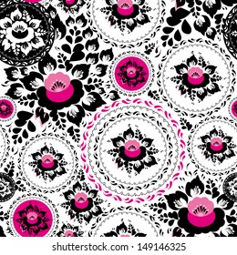 Vintage shabby Chic Seamless ornament pattern with Pink and Black flowers and leaves. Vector 