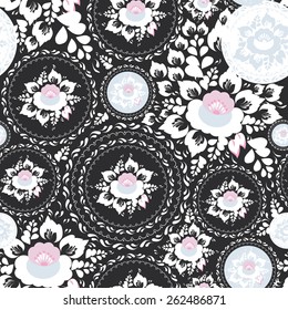 Vintage shabby Chic Seamless ornament, pattern with Pink and white flowers and leaves on black background. Vector 