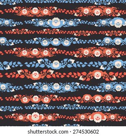 Vintage shabby Chic Seamless pattern with flowers and leaves blue red flowers on black background. Vector