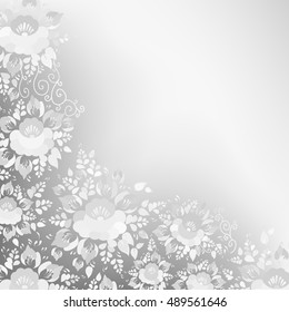 Vintage shabby Chic Wedding card design, banner template, spring romantic decoration, gray and white flowers and leaves on light background. Vector illustration