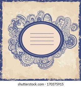 Vintage shabby  frame in blue and craft paper tones with birds and sleeping cats