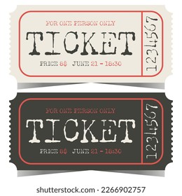 Vintage shabby retro ticket design. Vector craft paper ticket or control talon template suitable for event and show access or cinema, theatre, circus, carnival and festival admission.