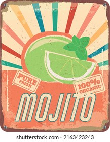 vintage shabby slightly rusty advertising banner. fresh mojito. vector illustration.