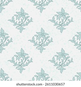 Vintage shabby wallpaper. Seamless pattern of light blue flowers elements. Floral elements in rhombus shape. Antique plant ornament. Vintage diagonal mosaic tile