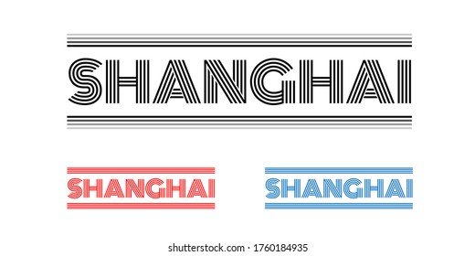 Vintage Shanghai City Vector Logo in line optic for marketing, tourism, travel and events promotion in back, red and blue font on white background