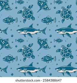 Vintage Sharks, Turtles, and Stingrays on Blue Ocean Pattern. Hand-drawn sharks, turtles, stingrays, and fish in blue on light blue background vintage marine-inspired design, perfect for ocean themes.