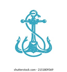 Vintage sharp nautical anchor with rope for ship safety parking blue grunge texture vector illustration. Retro navy symbol traditional classic sea transportation equipment isolated. Minimalist artwork