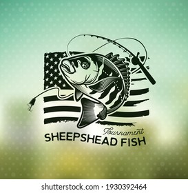 Vintage sheepshead fish emblem on blur background. Vector illustration.