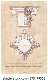 Vintage sheet manuscript - hand draw sketch composite architectural order based "The Five Orders of Architecture" is a book on architecture by Giacomo Barozzi da Vignola from 1593. Vector illustration