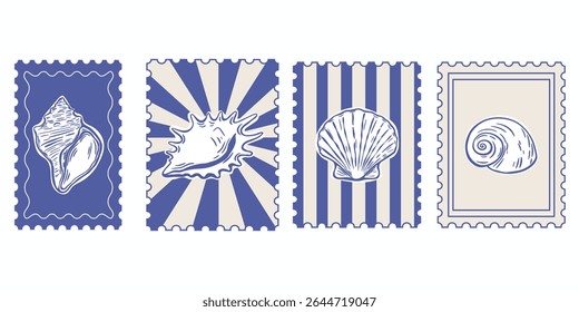 Vintage shell stamp collection in Mediterranean graphic style