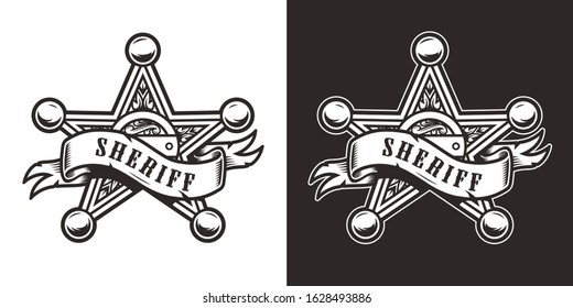 Vintage sheriff badge star with ribbon around it in monochrome style isolated vector illustration