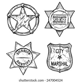 Vintage sheriff and marshal badges set stylized as engraving.