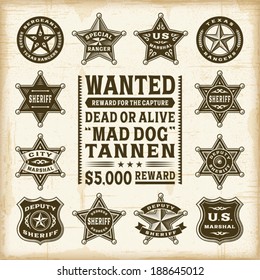 Vintage sheriff, marshal and ranger badges set. Fully editable EPS10 vector.