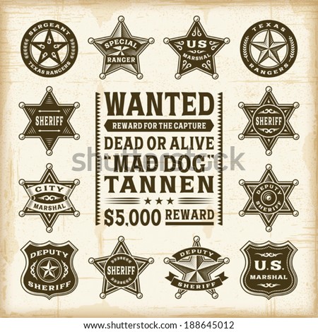 Vintage sheriff, marshal and ranger badges set. Fully editable EPS10 vector.