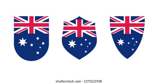 Vintage shield with Australian flag set, isolated on white background, vector illustration.