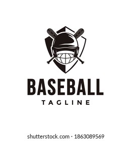 Vintage shield baseball logo with crossed wooden bat and Catcher's helmet icon vector on white background