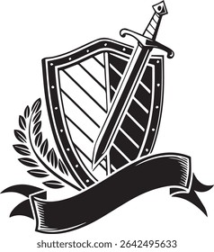  Vintage shield black silhouette with ribbon banner layered below, elegant flat design perfect for heraldic badges, award symbols, or stock use