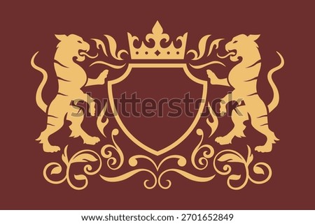 Vintage shield heraldic tiger and crown with decorative elements.