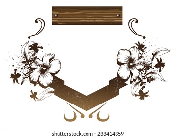 vintage shield with hibiscus and wood banner
